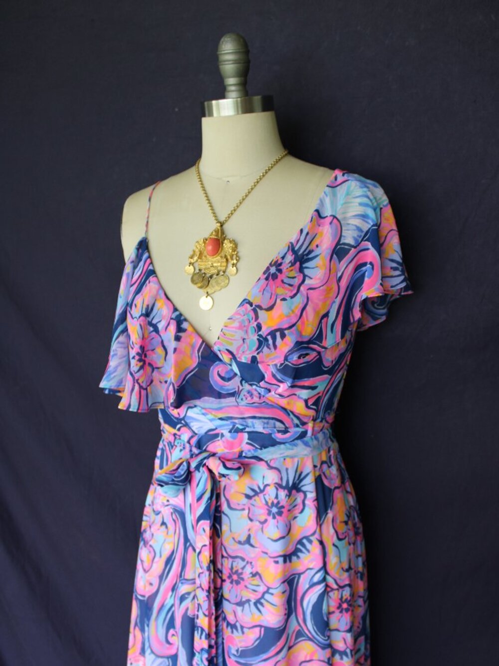 Lilly Pulitzer Marianna Wrap midi Dress Nauti Navy Boho Bateau Floral ruffle S - Picture 7 of 12
